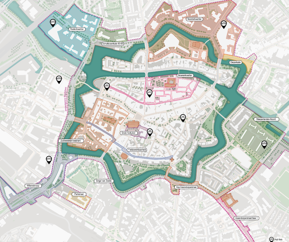 Een ingetekend overzichtskaartje meet aanduiding van alle projecten en ontwikkelingen in het Stadshart